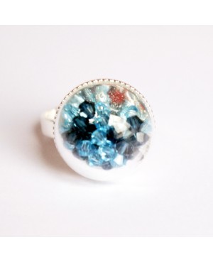Bague dôme en verre avec perles en cristal bleues Bagues fantaisie en perles, cristal et résine