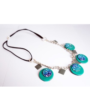 Mid-length necklace in green, turquoise, and gray with a silver chain and handmade beads Mid-length necklaces