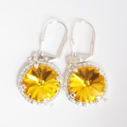 Boucles d'oreilles fantaisie jaunes et argentées en cristal de Swarovski et délicas