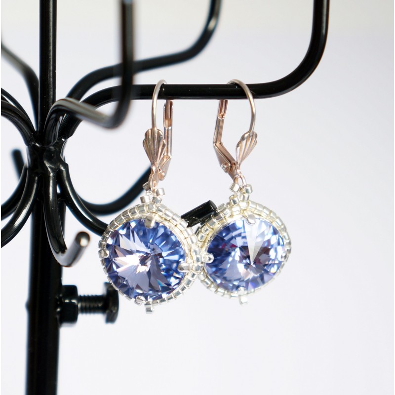 Boucles d'oreilles fantaisie bleues / violettes et argentées en cristal de Swarovski et délicas