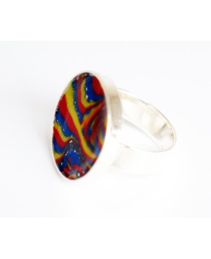 Multicolored ring (blue, yellow and red) with silver sequins Quirky and polymer clay rings