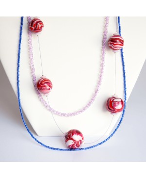 Mid-length pink and blue necklace with handmade beads 2 or 3 layer necklaces