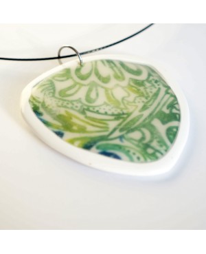 Large triangular pendant in green and white with flower design Polymer clay pendants