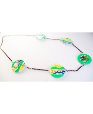 Long necklace or white, green and yellow handmade sautoir. Chains or long necklaces