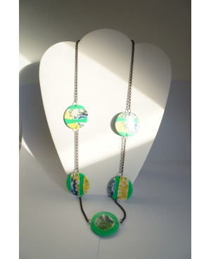 Long necklace or white, green and yellow handmade sautoir. Chains or long necklaces
