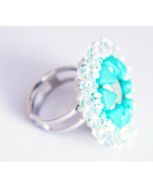 Bague turquoise et blanche entièrement créée à la main Bagues fantaisie en perles, cristal et résine