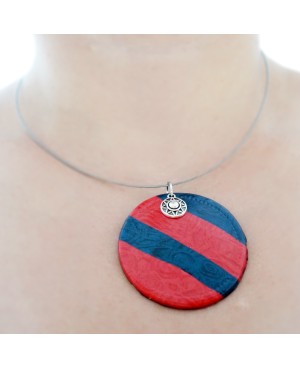 Round red and navy blue pendant. Polymer clay pendants