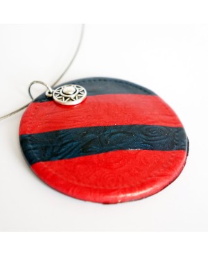 Round red and navy blue pendant. Polymer clay pendants