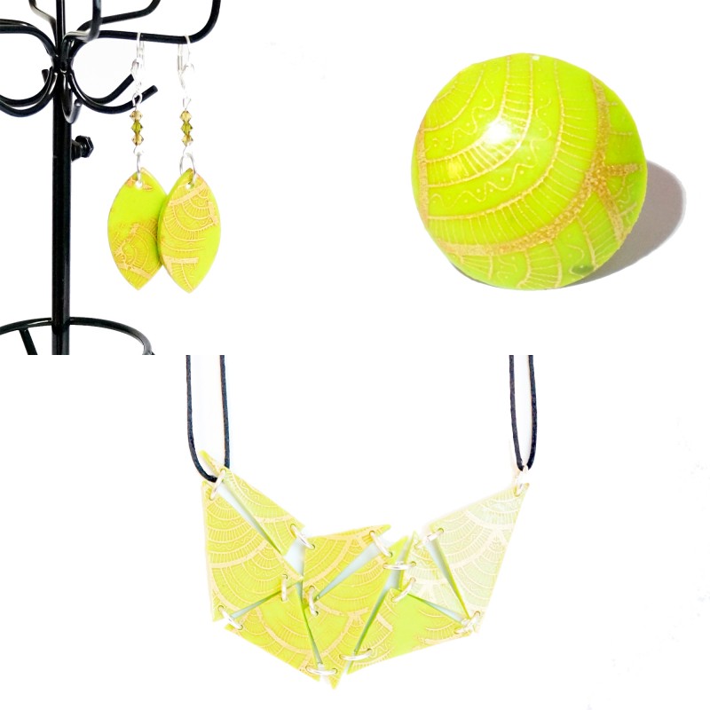 Fluorescent green ring, necklace and earrings set