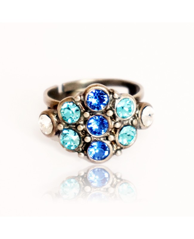 Rhombus ring with blue and green crystals