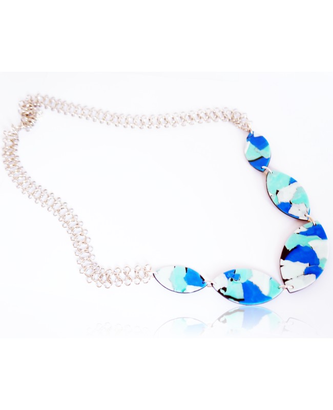 Long blue, turquoise and white necklace