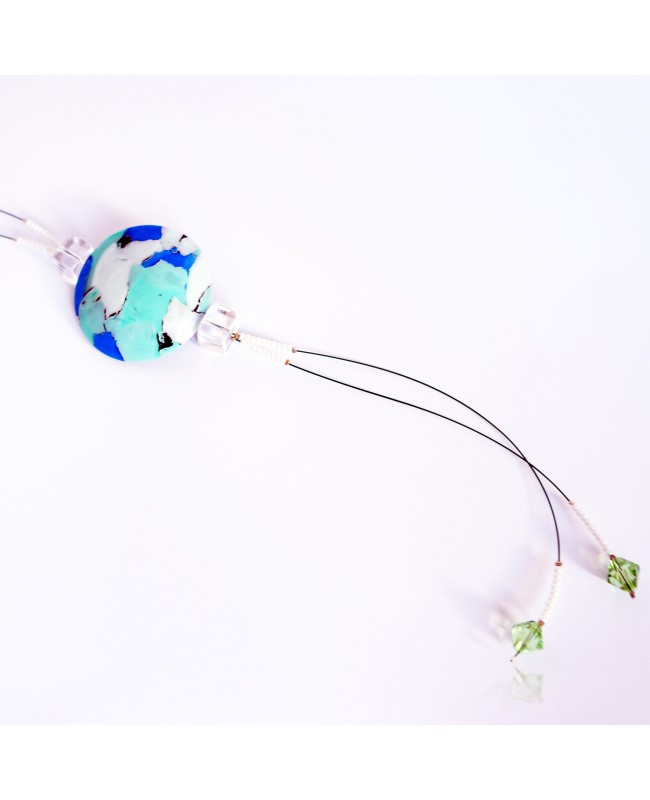 Sautoir ou collier long blanc, bleu et turquoise