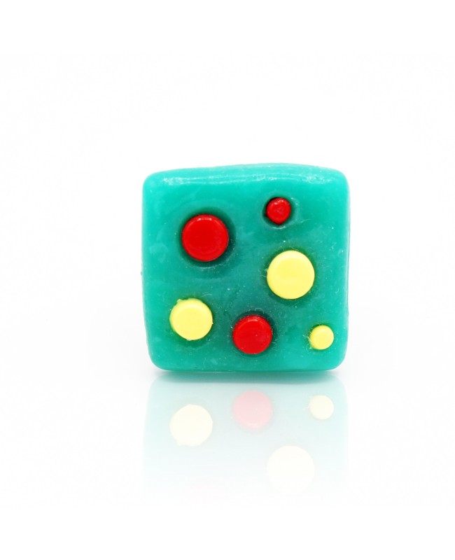 Square green ring with yellow and red polka dots