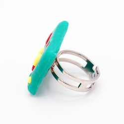 Square green ring with yellow and red polka dots
