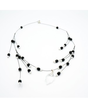 Black and white bead necklace with a crystal leaf pendant Mid-length necklaces