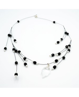 Black and white bead necklace with a crystal leaf pendant Mid-length necklaces