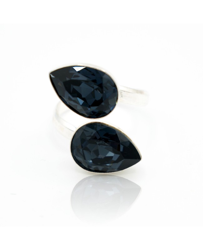 Bague double cabochons poires en cristal noir