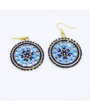 Round blue and gold earrings Handcrafted earrings