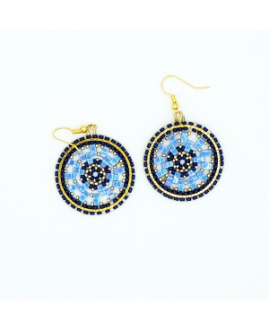 Round blue and gold earrings Handcrafted earrings
