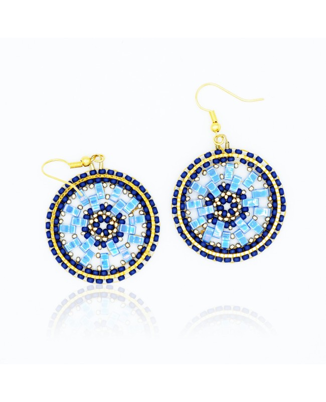 Boucles d'oreilles rondes bleues et dorées