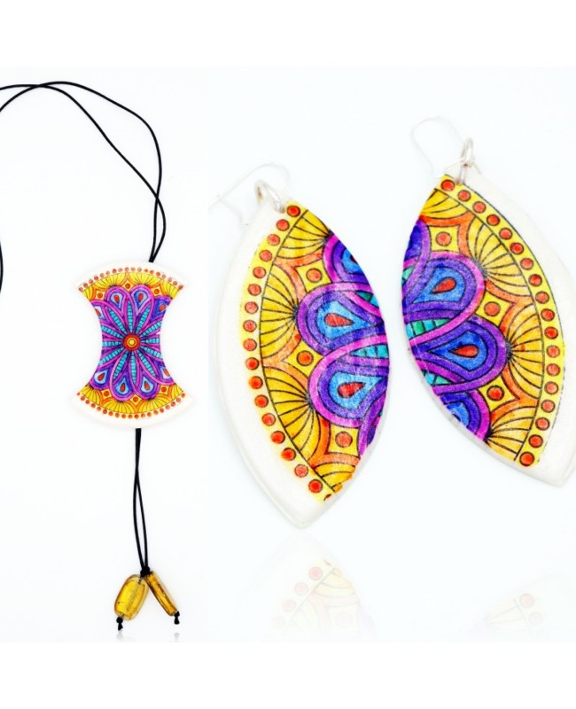 Earrings and multicolored mandala necklace