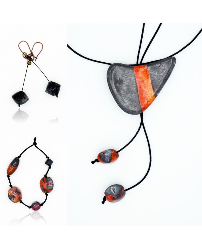 Set of necklace, bracelet, and earrings in black and orange polymer clay