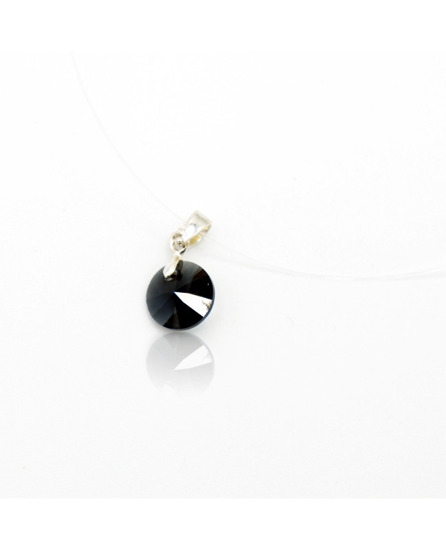 Very small discreet pendant, round and black, with its transparent nylon cord