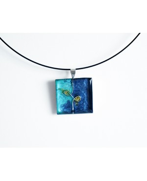 Pendentif carré bleu et turquoise avec une pointe de paillettes dorées Pendentifs sur support métallique