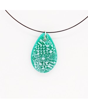 Green teardrop pendant with white azulejos Polymer clay pendants