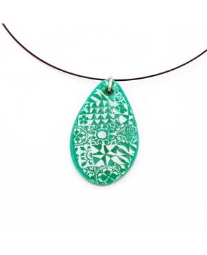 Green teardrop pendant with white azulejos Polymer clay pendants