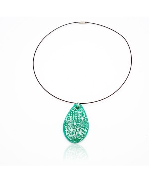 Green teardrop pendant with white azulejos Polymer clay pendants