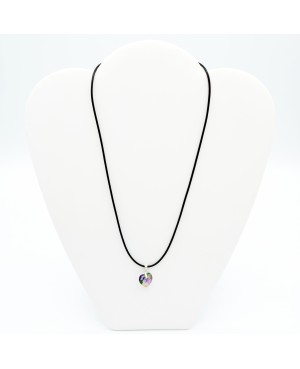 Green heart pendant with pink reflections and a black cord. Heart pendants