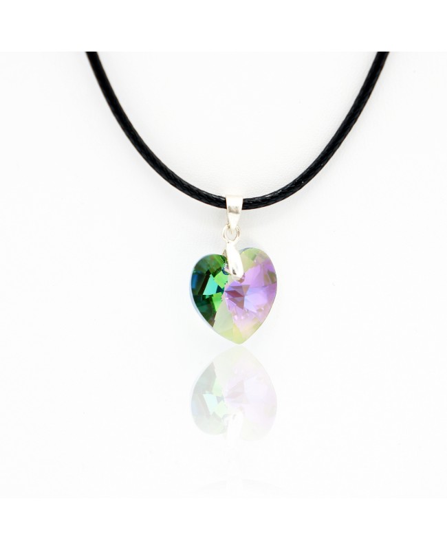 Green heart pendant with pink reflections and a black cord. Heart pendants