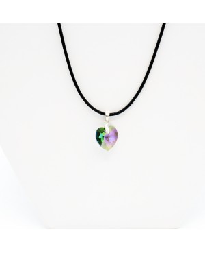 Green heart pendant with pink reflections and a black cord. Heart pendants