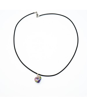 Green heart pendant with pink reflections and a black cord. Heart pendants