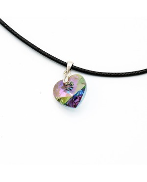 Green heart pendant with pink reflections and a black cord. Heart pendants