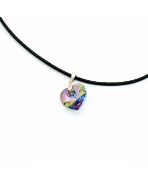 Green heart pendant with pink reflections and a black cord. Heart pendants