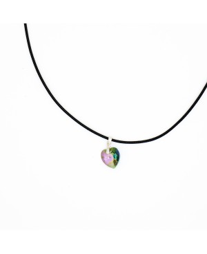 Green heart pendant with pink reflections and a black cord. Heart pendants