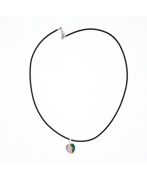 Green heart pendant with pink reflections and a black cord. Heart pendants