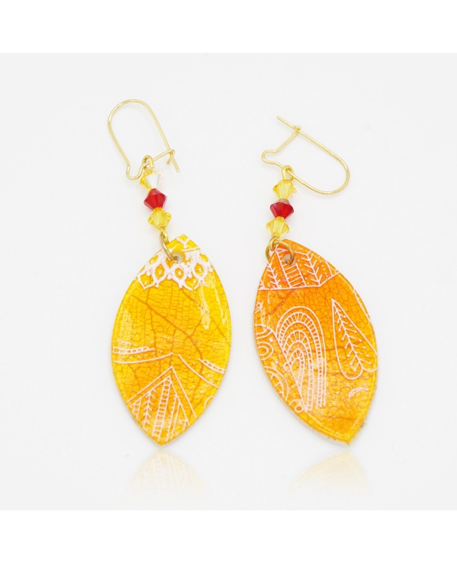 Orange earrings with white patterns Handcrafted earrings