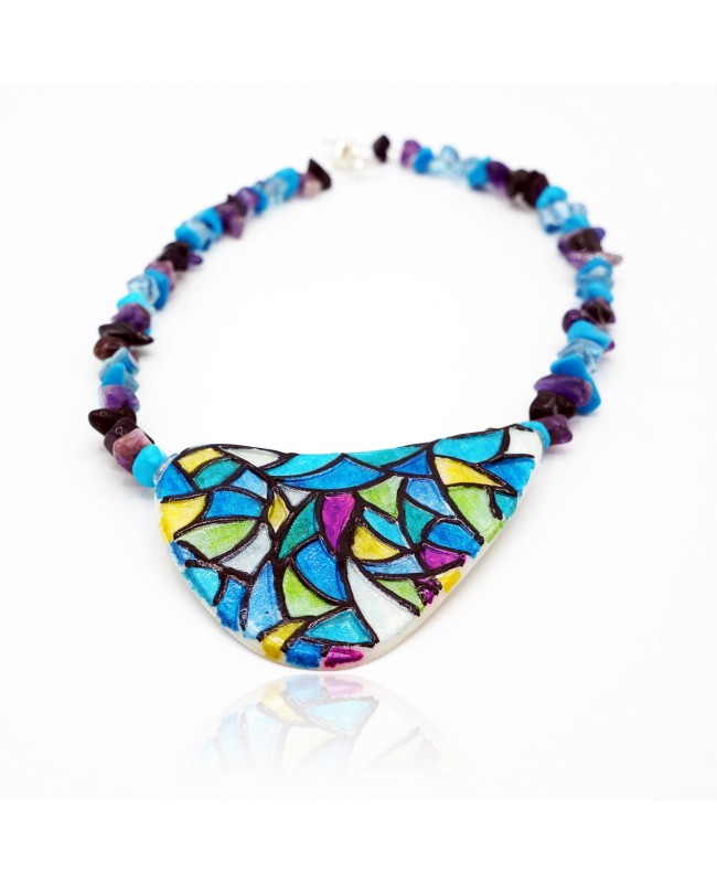 Mid-length necklace with blue stained glass pendant Mid-length necklaces