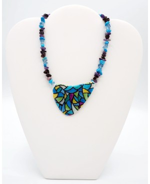 Mid-length necklace with blue stained glass pendant Mid-length necklaces