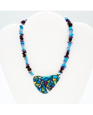 Mid-length necklace with blue stained glass pendant Mid-length necklaces