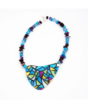 Mid-length necklace with blue stained glass pendant Mid-length necklaces
