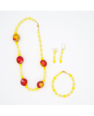Jewelry set with necklace, bracelet, and yellow and white earrings. Matching sets