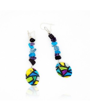 Stained glass earrings in blue, green, and yellow Handcrafted earrings