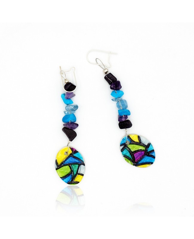 Boucles d'oreilles vitrail bleu, vert et jaune