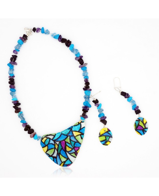 Parure collier et boucles d'oreilles vitrail bleu