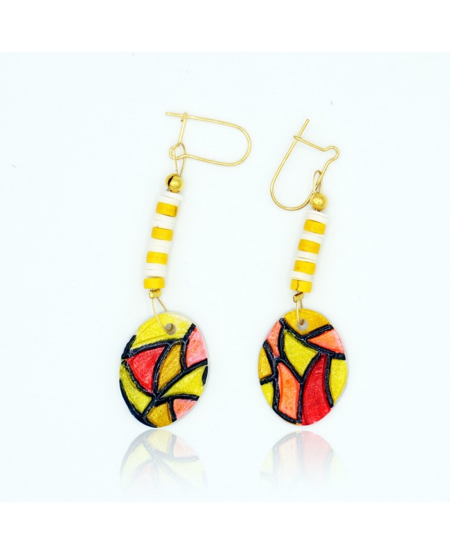 Boucles d'oreilles vitrail jaune, blanc et rouge