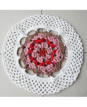 Circular rug in white, brown, pink, and red - Recycled cotton Crochet rug